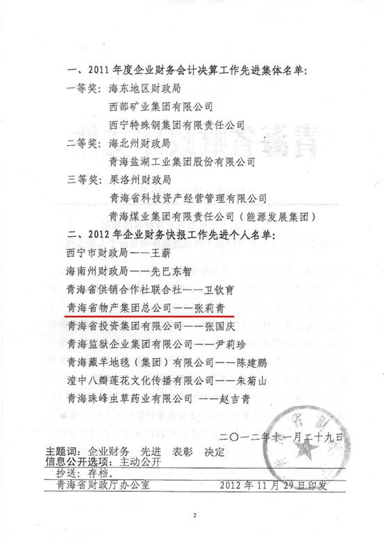 物產(chǎn)集團榮獲2011年度財務決算先進單位、2012年度財務快報工作先進個人表彰